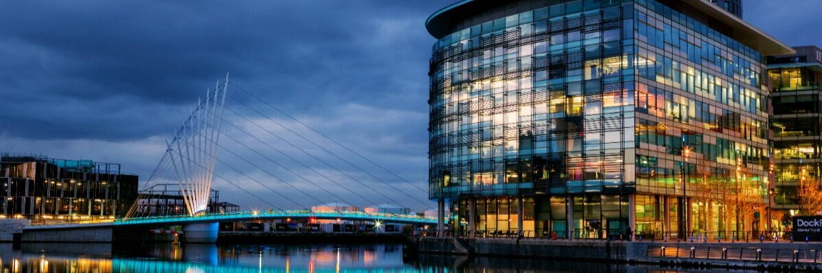 Foot bridge linking BBC media city and Imperial War museum at the Salford Quays, Manchester.