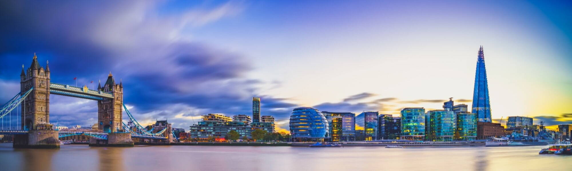 Panorama of Tower Bridge at sunset in London, UK